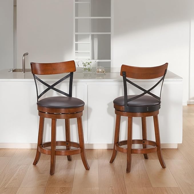 ERGOMASTER Swivel Counter Height Barstool 24 Inch Seat Height Bar Chair Cappuccino X Open Back （ 24 Inches, Set of 2）
