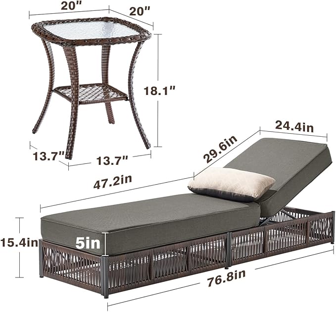 Luxury Outdoor Chaise Lounge Chairs of 4 with 5 Inch Thick Cushions and Side Table - 6 PCS High Back Brown Wicker Rattan Patio Recliners Lounger Furniture Set for Poolside Sunbathing - Grey