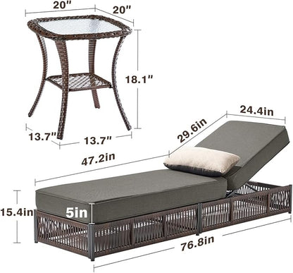 Luxury Outdoor Chaise Lounge Chairs of 4 with 5 Inch Thick Cushions and Side Table - 6 PCS High Back Brown Wicker Rattan Patio Recliners Lounger Furniture Set for Poolside Sunbathing - Grey