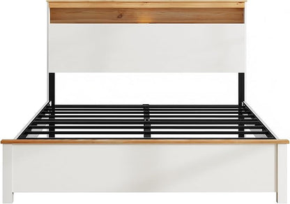 Queen Bed Frame, Wood Platform Bed Frame with Storage Headboard, Charging Station, Modern Bedframe Queen Size, 800lbs Capacity, Metal Slat Support, Noise-Free, No Box Spring Needed, White