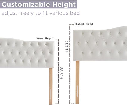Upholstered Full Headboard, Button Diamond Tufted Headboard with Adjustable Height and Solid Wood Leg, Velvet Padded Headboards for Full Size Bed, Modern Head Board, White