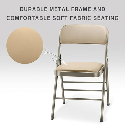 cyclone sound 4 Pack Folding Chairs with PU Padded Cushion and Back, Commercial Grade Metal Chairs with Comfortable PU Leather Cushion for Home and Office, for Indoor and Outdoor Events (4, Beige-PU)