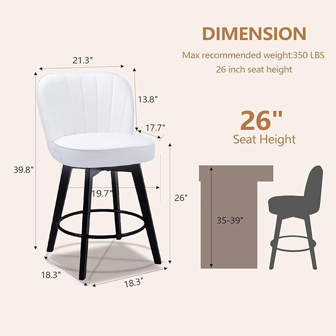 MINCETA Bar Stools Set of 2, PU Leather Barstools, 26 Inch Upholstered Counter Stools with Backrest and Footrest, Swivel Counter Height Barstools for Kitchen Island Home Bar White