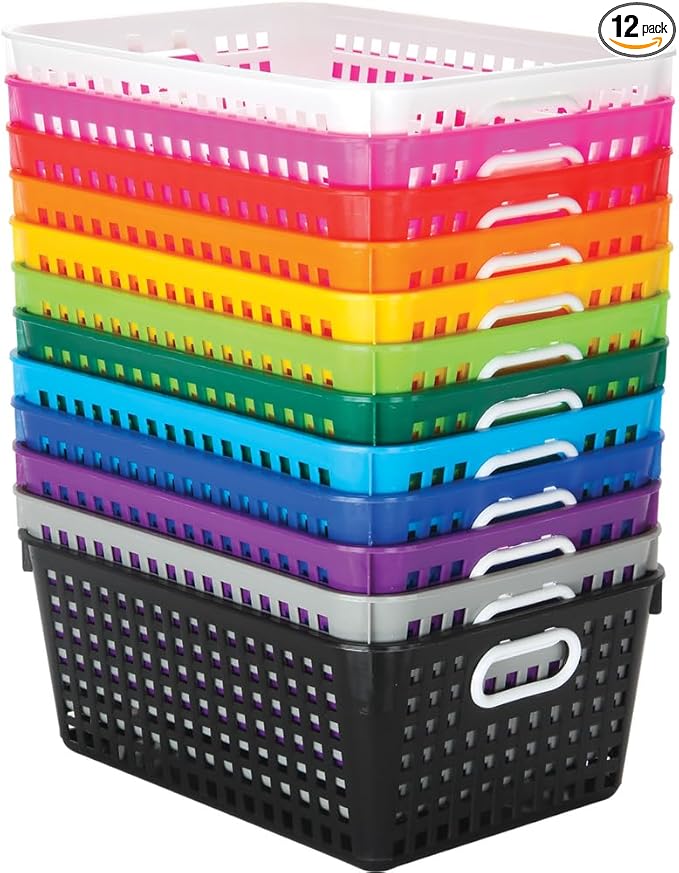 Really Good Stuff Large Plastic Book Baskets, 13.25" by 10" by 5.5" - 12 Pack, Rainbow Color, Classroom Library Organizer, Toy Storage, Multi-Purpose Organizer Basket