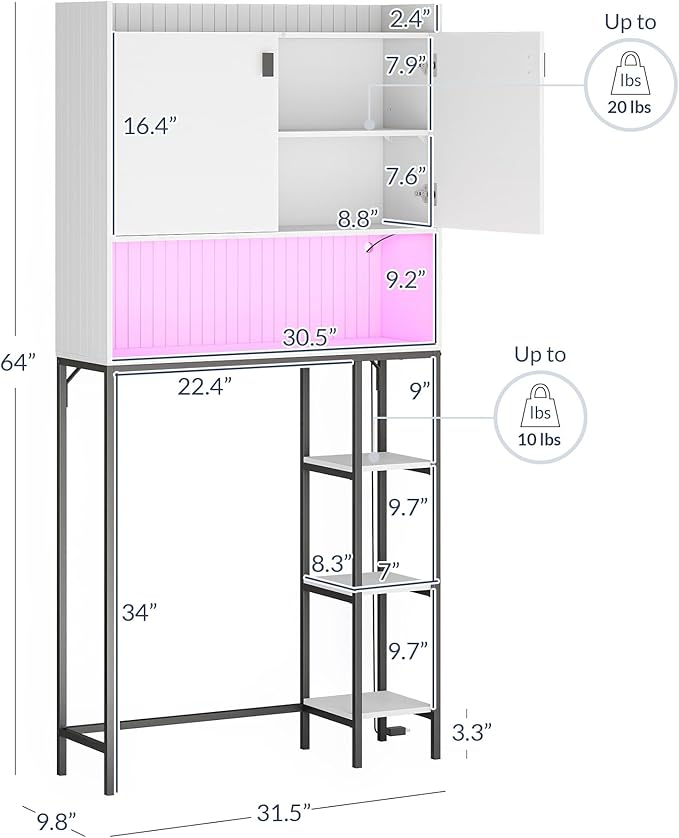 BELLEZE Freestanding Above Toilet Rack with LED Light, Over The Toilet Storage Cabinet with Adjustable Shelf, Bathroom Space Savers Anti-Tipping Device Included - Murano (White)