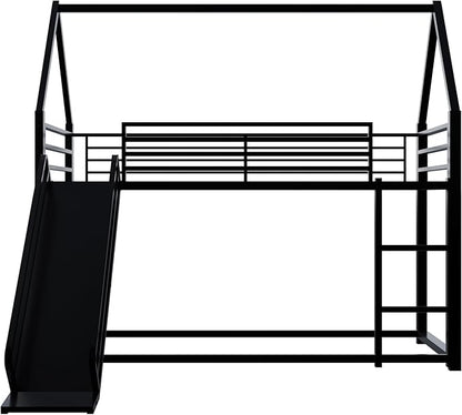 Twin Over Twin Bunk Bed with Slide,House Shaped Bedframe w/Ladder, Heavy Duty Low Bunk Bed Frame with Guardrail,No Box Spring Needed & Easy Assemble(Black)