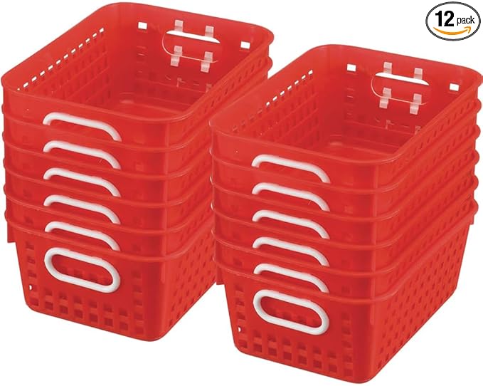Really Good Stuff Multi-Purpose Plastic Storage Baskets for Classroom or Home Use - Stackable Mesh Plastic Baskets with Grip Handles 11" x 7.5" (Red - Set of 12)