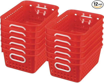 Really Good Stuff Multi-Purpose Plastic Storage Baskets for Classroom or Home Use - Stackable Mesh Plastic Baskets with Grip Handles 11" x 7.5" (Red - Set of 12)