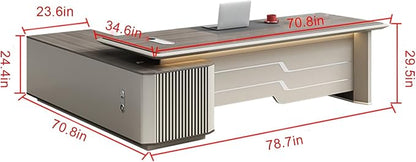 78IN Executive Office Desk - Large Office Desk L Shaped Computer Desk with 2 Drawers & Grille Design | Thickened Countertop & Large Capacity Side Cabinet Storage & Metal Cabinet Handle