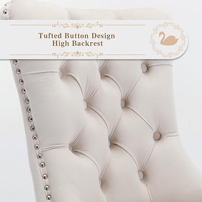 Velvet Upholstered Dining Chairs Set of 8, Modern Style Kitchen Side Chairs with Nailhead Trim and Silver Plated Leg, Metal Pulling Ring for Dining Room Living Room(Creamy White)