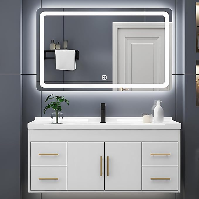 48IN Modern Bathroom Vanity - LED Intelligent Mirror Cabinet Includes Time Display & Defogging | Bathroom Cabinet with Sink & Open Storage Compartments, Ceramic Washbasin, 4 Drawers (Style B)