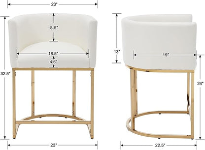 PU Leather Bar Stools Set of 2, Modern Upholstered Counter Height Bar stools 24" Leather Barstools Barrel Kitchen Counter Island Stools with Golden Metal Base, White