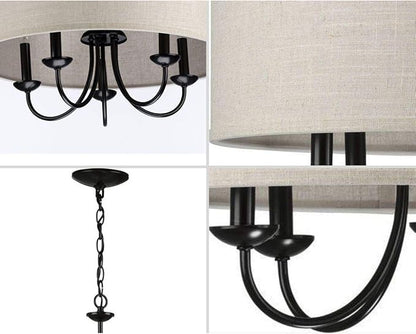 Progress Lighting Drum Shade Collection Five-Light Chandelier, Farmhouse Style Hanging Ceiling Light Fixture for Dining Rooms, Foyers, Harvest Linen Shade, Matte Black