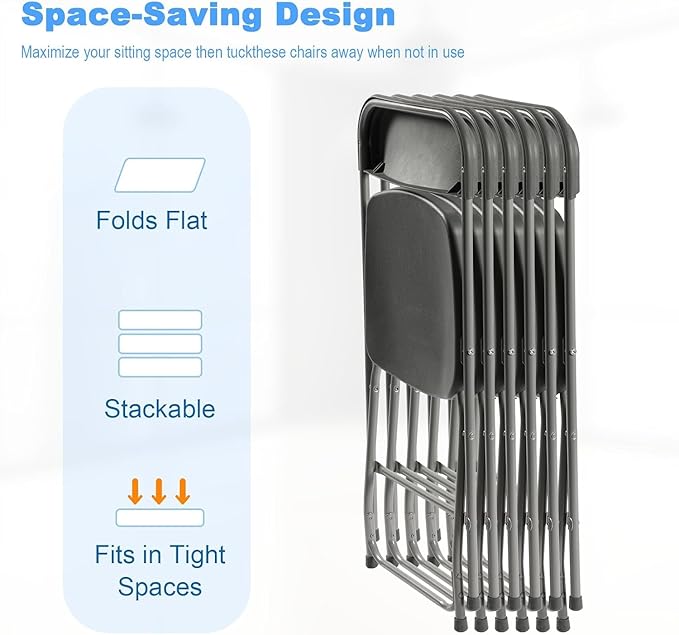 6 Pack Grey Heavy Duty Plastic Foldable Chair, Stackable Chairs with Reinfoced Steel Frame for Indoor and Outdoor, Wedding, Party, Restaurant, Meeting Room, Patio
