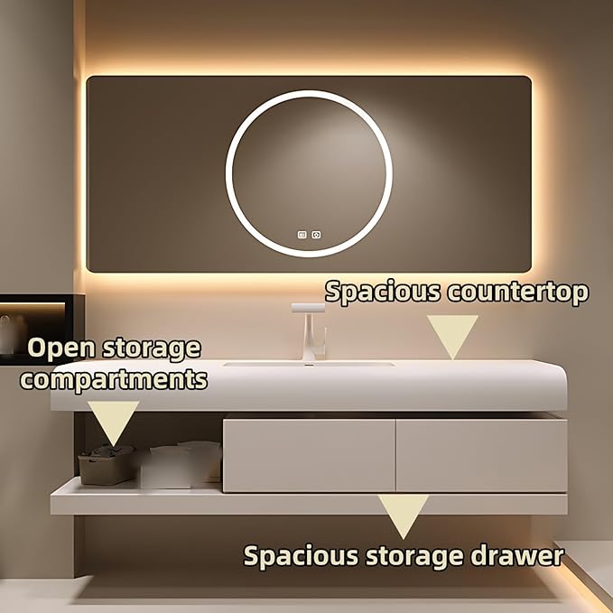 56IN Bathroom Vanity with Sink - Bathroom Cabinet Set has 2 Drawers & Overflow Hole Wall Mounted | LED Practical Defogging Mirror, Open Compartments, Seamless Rock Slab Basin (Khaki)