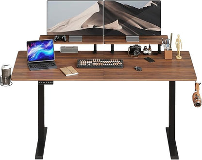 ONBRILL Standing Desk with 2 Adjustable Monitor Shelves, 71 x 24 Inches Electric Stand Up Desk with Memory Controller and Adjustable Height from 28-46 inches for Computer Workstations, Walnut