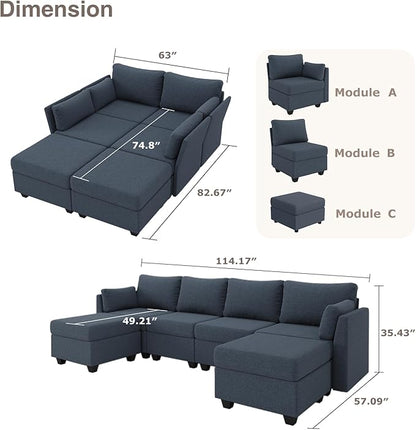 114.17" Modular Sectional Sofa, 6 Seat Sectional Couches with Storage, Memory Foam, Convertible Modular Couch for Living Room, U Shaped Comfy Modular Sofa with Chaise, Blue Grey
