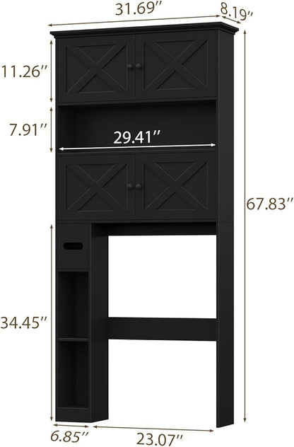 Over The Toilet Storage Cabinet, Farmhouse Storage Cabinet Over Toilet with 4 Barn Doors & Toilet Paper Holder Stand, Black Toilet Shelf Home Space Saver for Restroom, Bathroom, Laundry