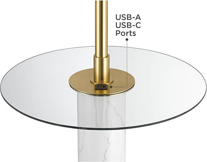 Possini Euro Design Bellini Modern 65" Tall Standing Floor Lamp with Tray Table USB Port Pull Chain Gold Metal Faux Marble Finish Living Room Bedroom House Reading Office Home Decor Entryway Dining
