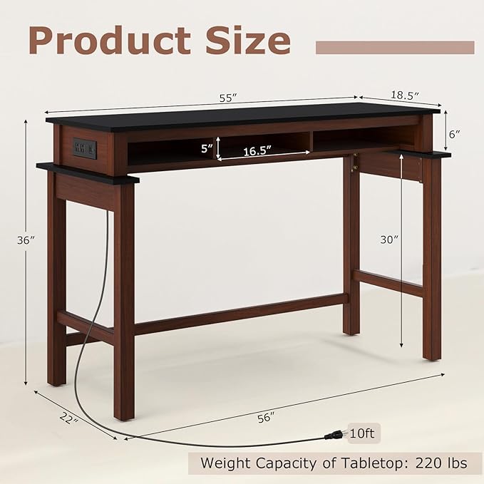 COSTWAY Bar Table with Charging Station, 36” Counter Height Table w/ 3 Storage Compartments, Power Outlets, Modern Farmhouse Console Table for Kitchen, Living Room, Entryway (Black + Walnut)