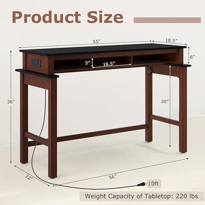 COSTWAY Bar Table with Charging Station, 36” Counter Height Table w/ 3 Storage Compartments, Power Outlets, Modern Farmhouse Console Table for Kitchen, Living Room, Entryway (Black + Walnut)