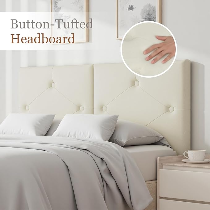 King Size Headboard, Faux Leather Headboard with Solid Wood & Sturdy Metal Legs, Adjustable Height Bed Headboards King Tufted Upholstered in Modern Button Design, Ivory