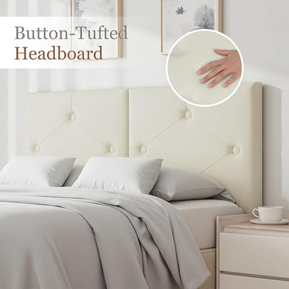 Modern Queen Headboard, Upholstered Faux Leather Bed Headboard with Solid Wood & Sturdy Metal Legs, Tufted Adjustable Height Headboards in Button Design, Ivory
