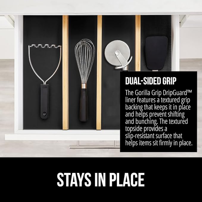 GORILLA GRIP DripGuard Shelf Liner, Non Adhesive Drawer and Kitchen Cabinet Protector, 20x240 Inch, Slip Resistant BPA Free Smooth Surface Plastic Liners for Cabinets, Bathrooms, Closets, Black