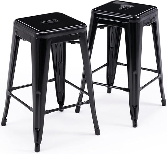 Vogue Furniture Direct 24" Bar Stools Black Backless Metal Barstools Indoor-Outdoor Counter Height Stools with Square Seat, Set of 2 - VF1571001