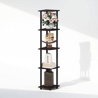 Furinno Turn-N-Tube Corner Shelf, 5-Tier Corner Display Rack, Shelving Unit, for Organization and Storage, Living Room, Home Office, Garage, Bedroom, Dark Walnut