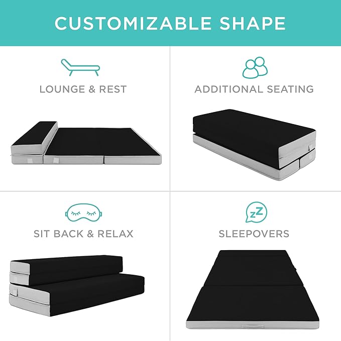 Best Choice Products 4in Portable Twin XL-Size Mattress, Tri-Fold Mattress for Camping, Guest, Toddler, Foam Plush w/Carry Case - Onyx Black