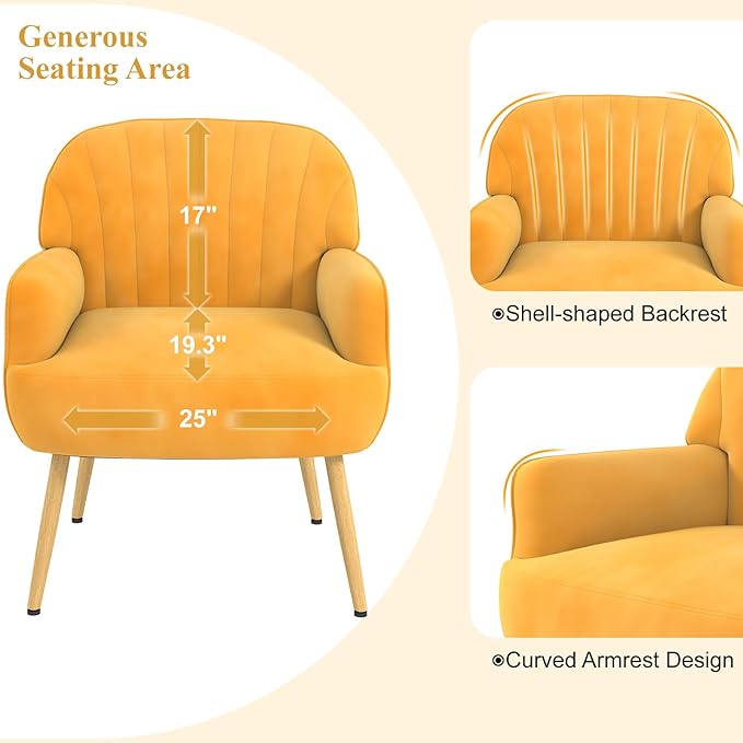 Velvet Accent Chair, Mid Century Modern Accent Chairs for Living Room, Comfy Upholstered Armchair with Metal Legs for Bedroom/Apartment/Office/Waiting Room, Yellow