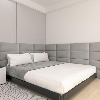 Upholstered Wall Mounted Headboard, 3D Soundproof Wall Panels Peel and Stick Headboard for Queen Size, Tufted, Light Grey (9 Panels, 10" x 24")
