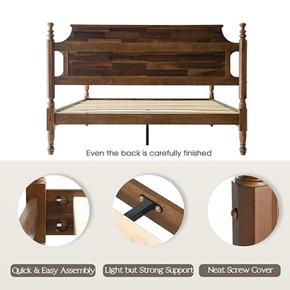 King Size Platform Bed Frame with Headboard & Footboard, Center Metal Legs with Solid Wood 12 Sturdy Slatted, Easy Assembly, No Box Spring Needed, Anti-Noise & Slip-Free, Walnut Finish, ROK-37