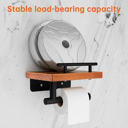 Toilet Paper Holder with Wood Shelf, Wall Mount Toilet Paper Roll Holder with Wooden Shelf and Matte Black Stainless Steel Pipe, Tissue Roll Holder for Bathroom Washroom (Light Brown, 7.9'' x 5.9'')