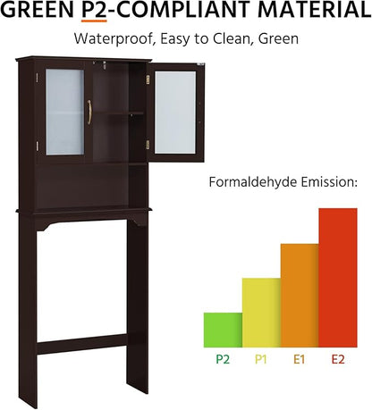 Yaheetech Over The Toilet Storage Cabinet, Free Standing Toilet Rack with Adjustable Shelves and Tempered Glass Doors for Bathroom Washroom, Espresso