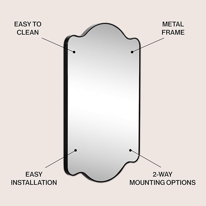 JONATHAN Y MIR205A Louisa 24 in. W x 36 in. H Medium Scalloped Rectangular Metal Framed Wall Mirror, for Bathroom, Living Room, Bedroom, Black