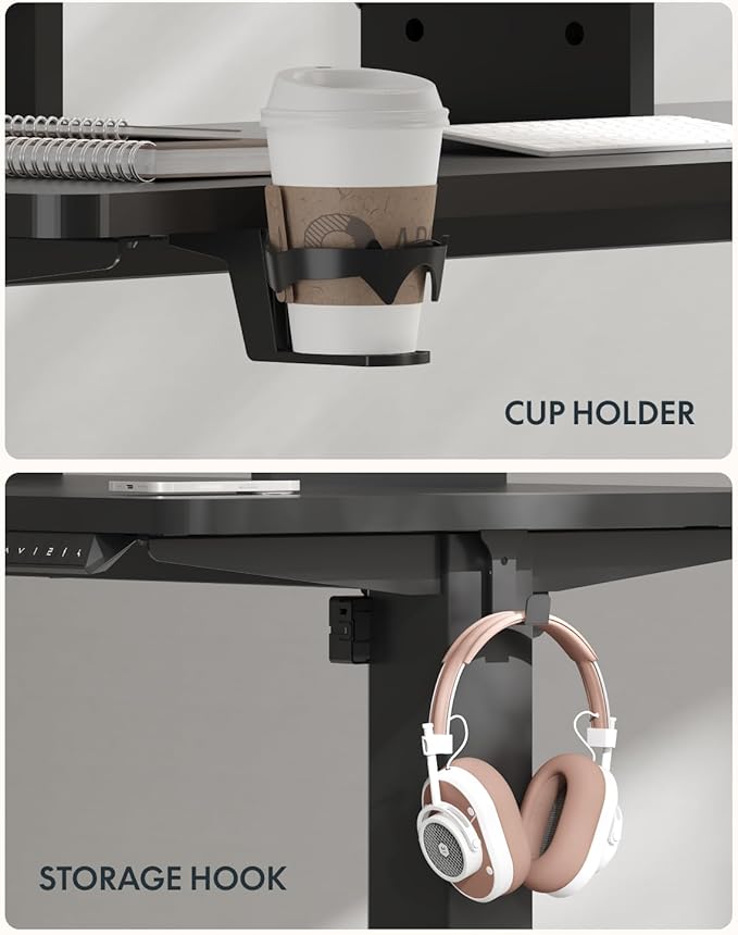 FLEXISPOT 63 x 32 Inch Large Standing Desk, Stand Up Desk with Splice Board, Rising Desks for Home Office, Office Desk with Cup Holder and Headphone Hook (Black Frame + Black Top, 2 Packages)