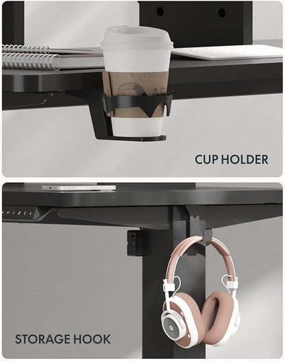 FLEXISPOT 63 x 32 Inch Large Standing Desk, Stand Up Desk with Splice Board, Rising Desks for Home Office, Office Desk with Cup Holder and Headphone Hook (Black Frame + Black Top, 2 Packages)