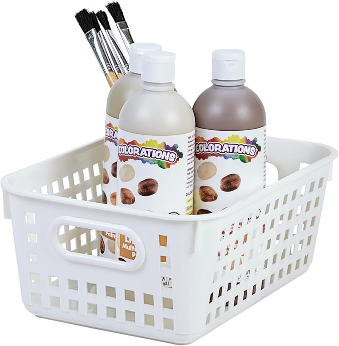 Really Good Stuff Medium Plastic Book Baskets, 11" by 7.5" by 4.5" - 6 Pack, White, Versatile Storage Solution for Classroom, Home and Office, Toy Storage, Multi-Purpose Organizer Basket