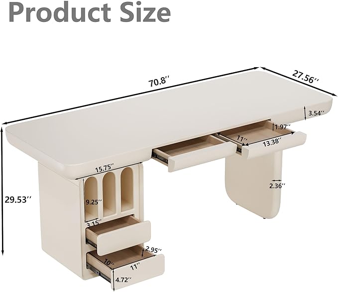 71 Inch White Writing Desk with Storage, Modern Computer Desk with 4 Drawers for Study, Wooden Executive Desk for Home Office
