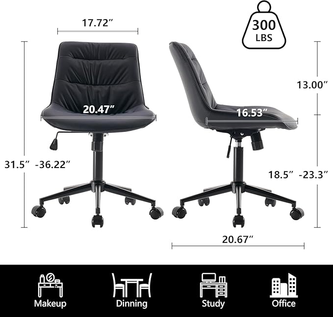 Kidol & Shellder Faux Leather Office Chair, Adjustable Swivel Height Task Chair, Rolling Wheels & Soft Backrest - Armless Ergonomic Desk Chair for Home, Office,Vanity,Gaming（Black）