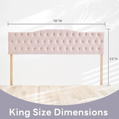 Upholstered King Headboard, Button Diamond Tufted Headboard with Adjustable Height and Solid Wood Leg, Velvet Padded Headboards for King Size Bed, Modern Head Board (Pink)