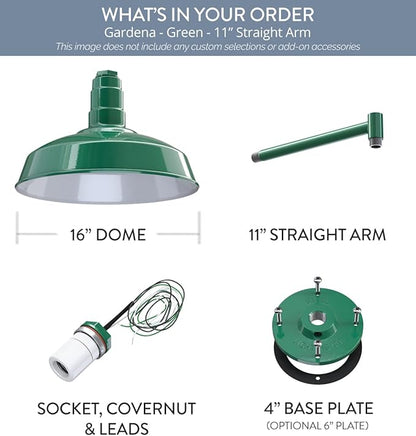 Steel Lighting Co. Gardena Barn Light | Outdoor Wall Mounted | 16" Dome | 11" Straight Arm | Farmhouse Light Made in America | Green Exterior/White Interior