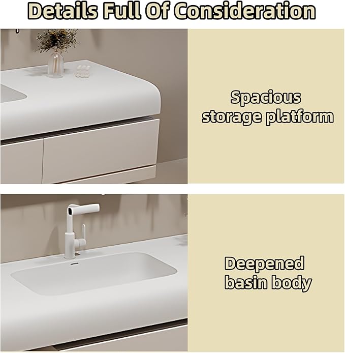 48IN Bathroom Vanity with Sink - Bathroom Cabinet Set has 2 Drawers & Overflow Hole Wall Mounted | LED Practical Defogging Mirror, Open Compartments, Seamless Rock Slab Basin (Coffee)