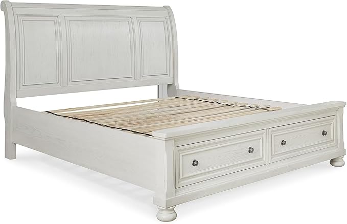 Signature Design by Ashley Robbinsdale Casual California King Sleigh Platform Bed with 2 Drawers, Foundation or Box Spring Not Needed, White