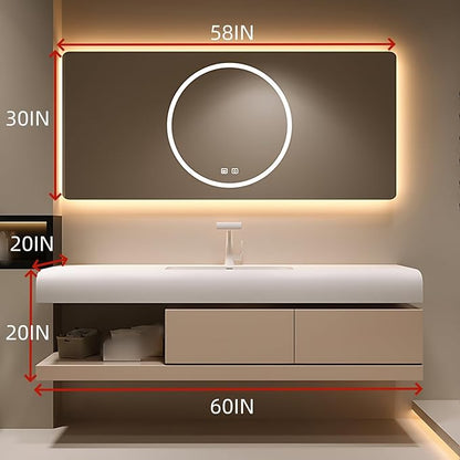 60IN Bathroom Vanity with Sink - Bathroom Cabinet Set has 2 Drawers & Overflow Hole Wall Mounted | LED Practical Defogging Mirror, Open Compartments, Seamless Rock Slab Basin (Khaki)