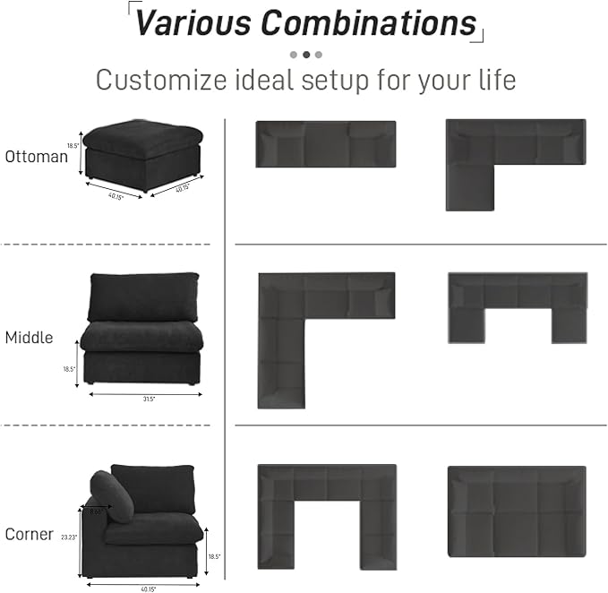 Cloud Couch Modular Sectional Sofa with Storage Ottoman,L Shaped Couch for Living Room,120.45inch Down Filled 4 Seater Black Convertible Sectional Sofas,Covers Washable&Replaceable
