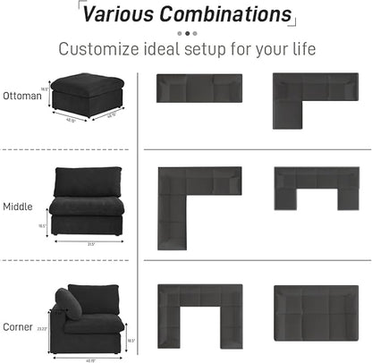 Cloud Couch Modular Sectional Sofa with Storage Ottoman,160.6" L Shaped Couch for Living Room,Down Filled 5 Seater Black Convertible Sectional Sofas,Covers Washable&Replaceable