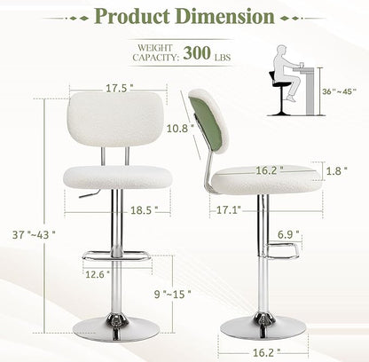Furniliving Adjustable Bar Stools Set of 2, Modern Teddy Velvet Swivel Barstools with Curved Back, Stylish Armless Counter Height Bar Stools Bar Chairs for Kitchen Island, Bar, Green